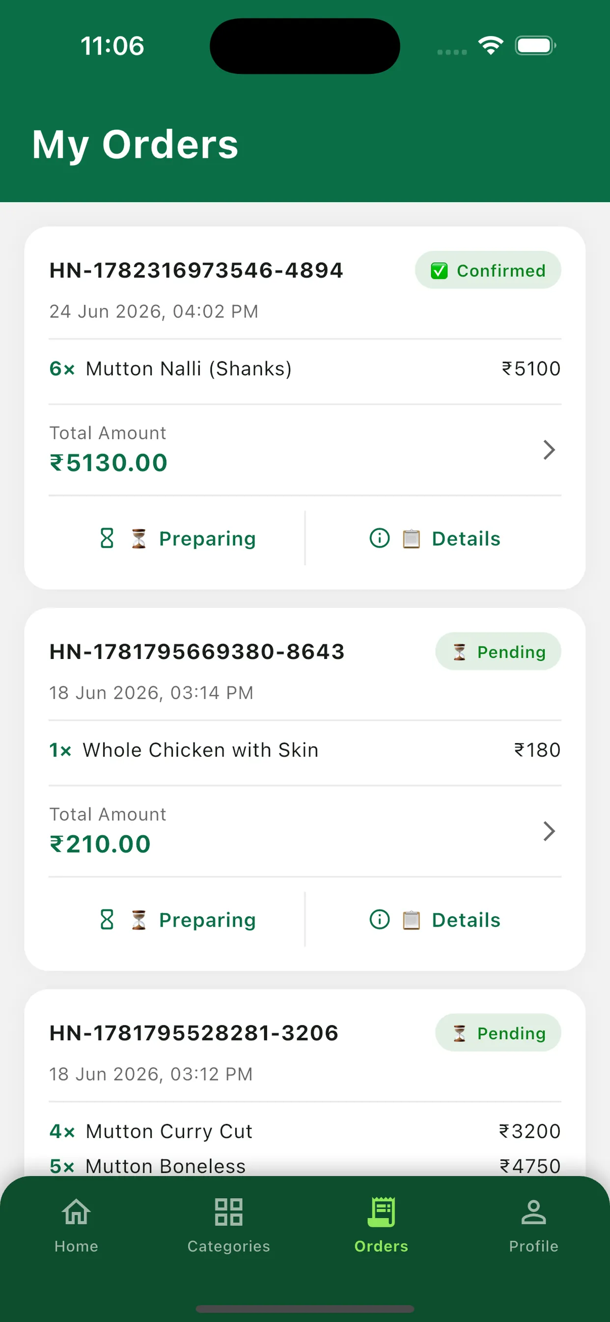 Halal Nation My Orders screen listing orders with item quantities, totals in rupees and status badges such as Confirmed, Pending and Preparing.