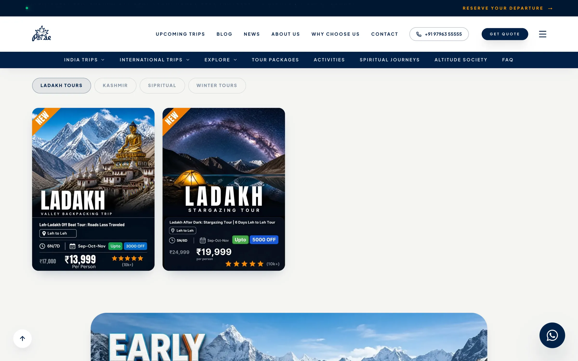 Poise Travels package cards for Ladakh tours with duration, season, price per person and discount badges, filterable by Ladakh, Kashmir, Spiritual and Winter.