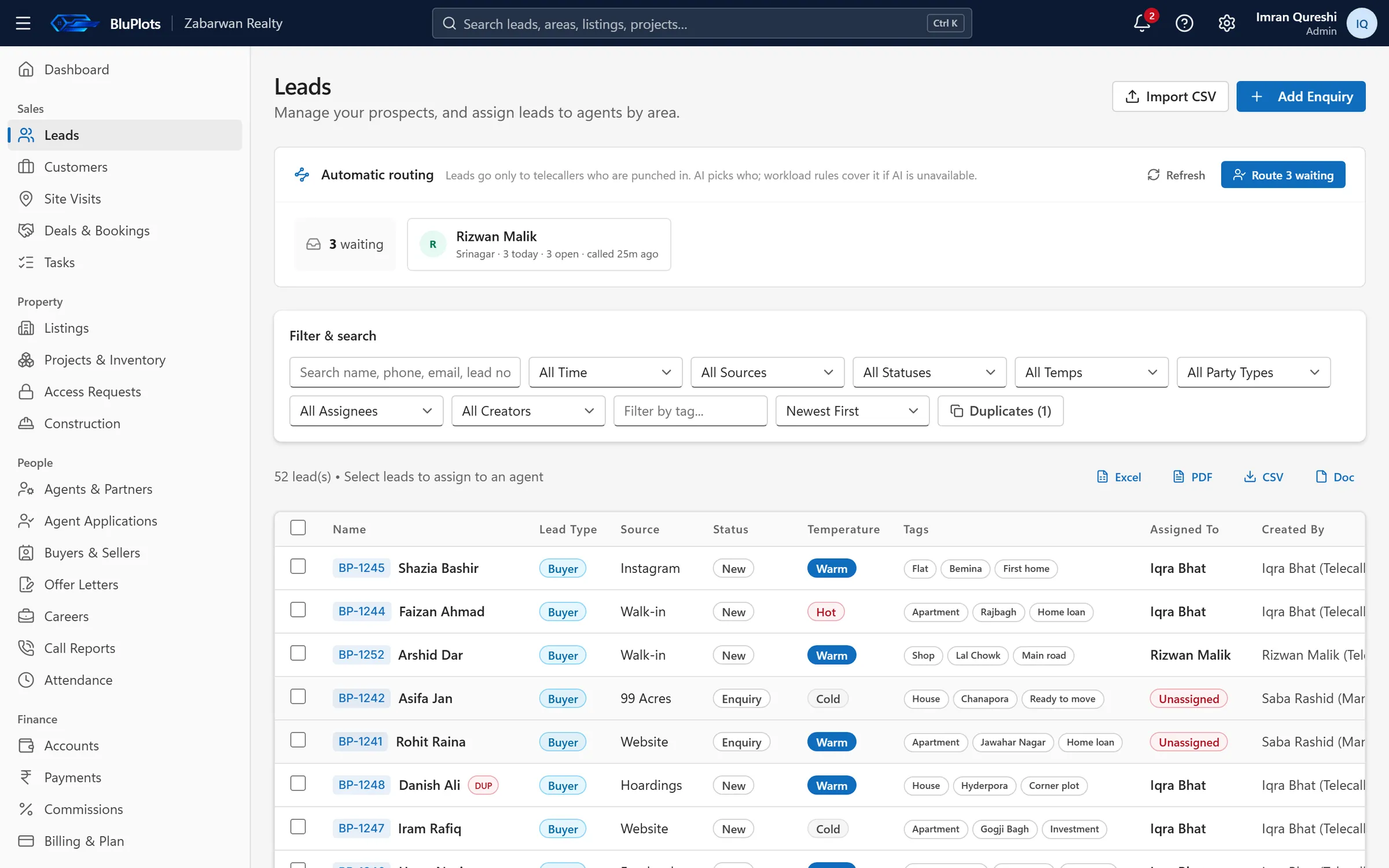BluPlots leads table with automatic routing to punched-in telecallers, filters, temperature and tags.