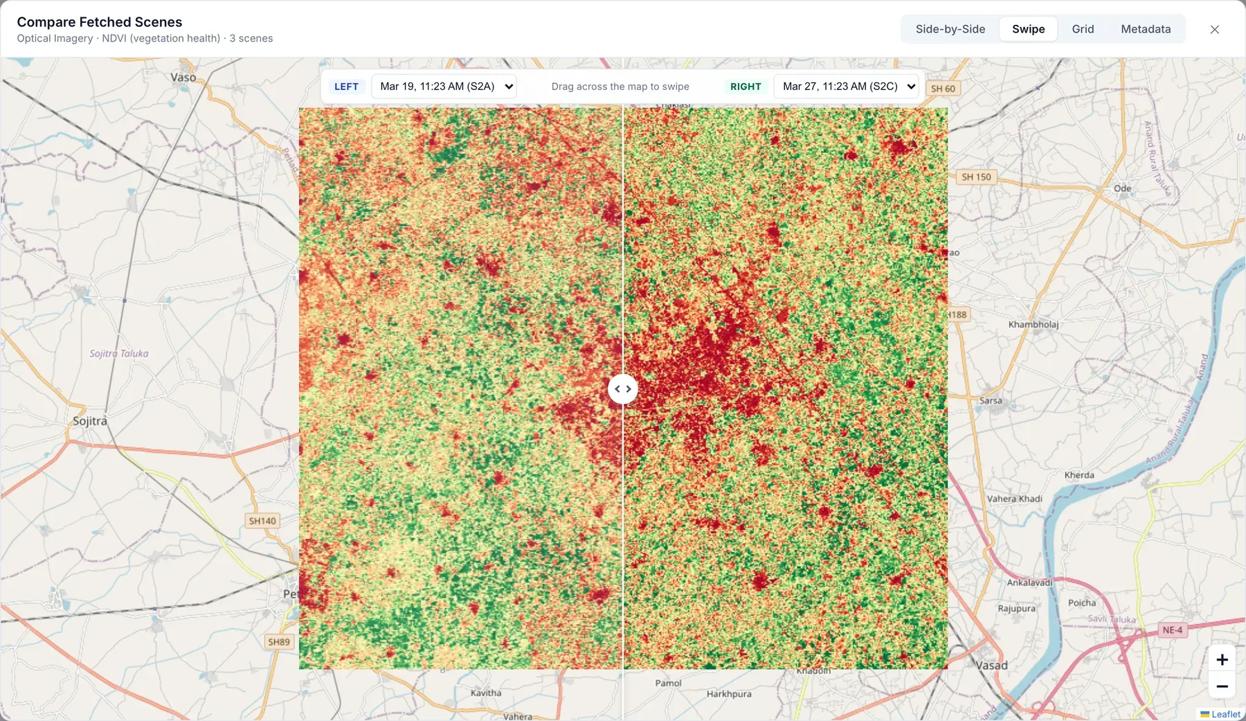 BluVerify swipe comparison of two Sentinel-2 NDVI scenes eight days apart.