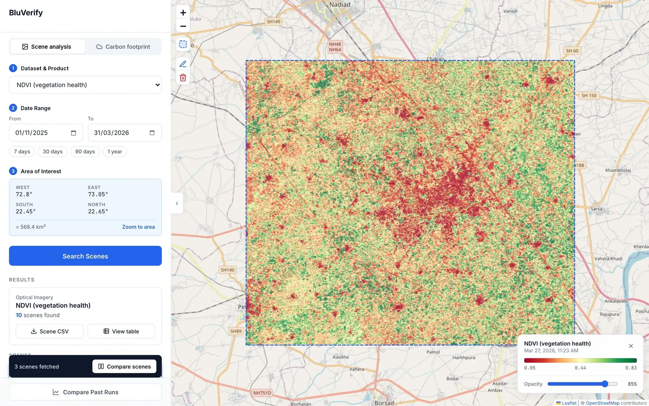 BluVerify scene analysis: an NDVI vegetation-health layer over a drawn area in Gujarat, with dataset, date range and area-of-interest controls.